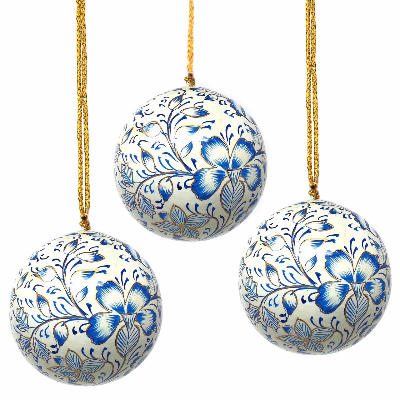 Set of 3 Decorative Paper Hanging Blue Balls Hand Painted Ornaments with Glossy Finish